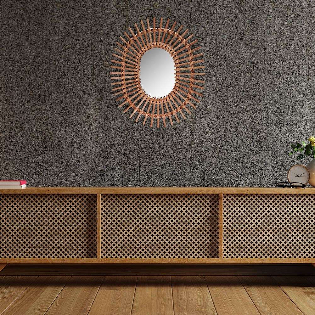 Mirror with Wooden Frame for Boho Style Wall Hanging