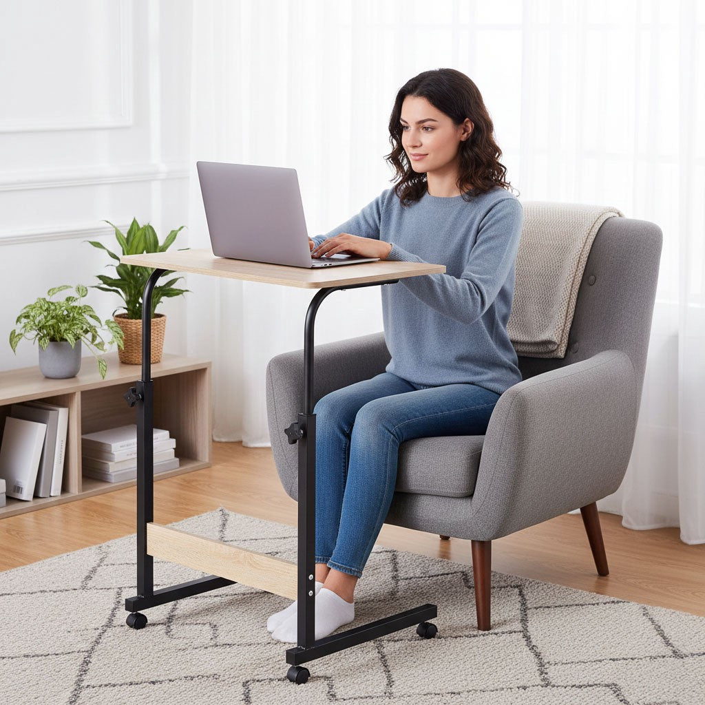 Mobile Laptop Desk Table, Adjustable Height, MDF, Wheels