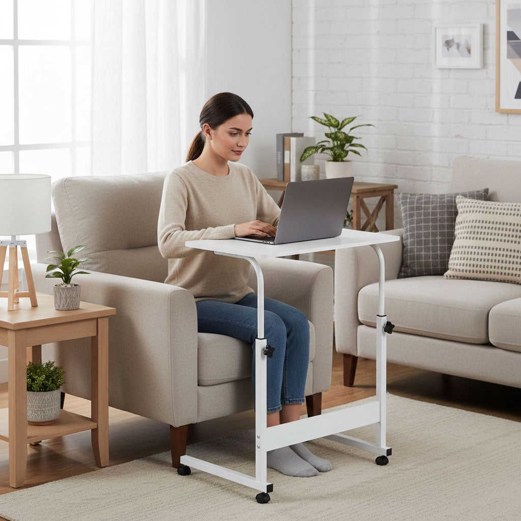 Mobile Laptop Desk Table, Adjustable Height, MDF, White