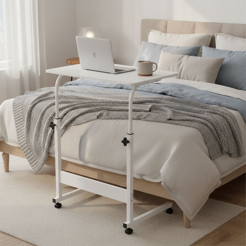 Mobile Laptop Desk Table, Adjustable Height, MDF, White