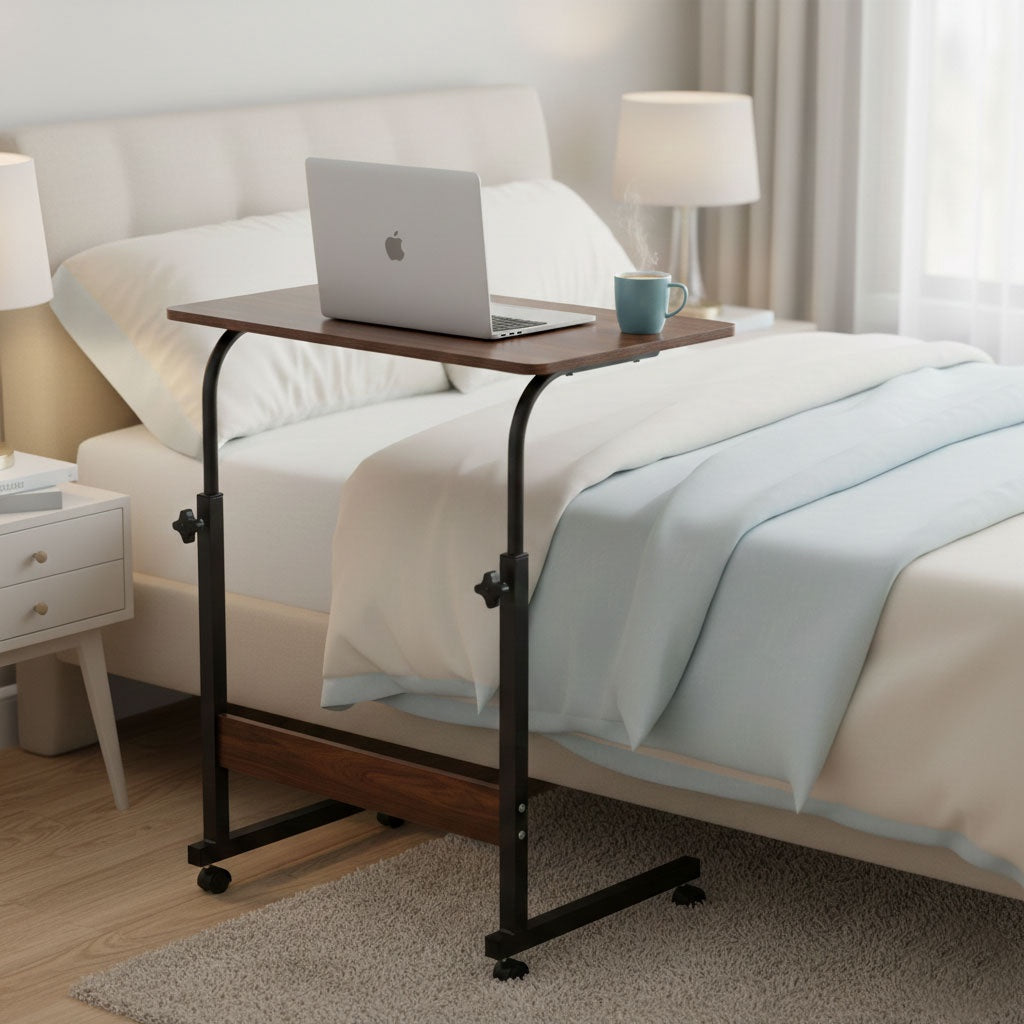 Mobile Laptop Table – Adjustable Height, MDF, Wheels