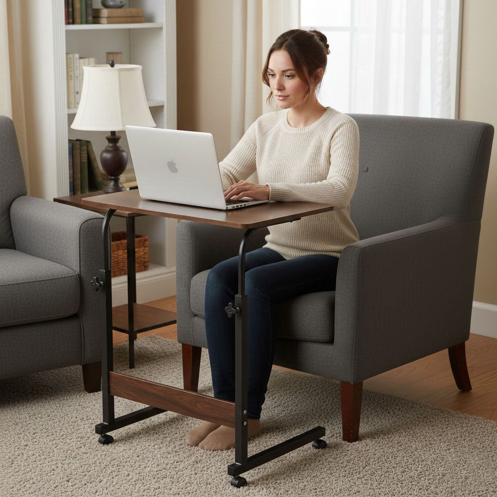 Mobile Laptop Table – Adjustable Height, MDF, Wheels