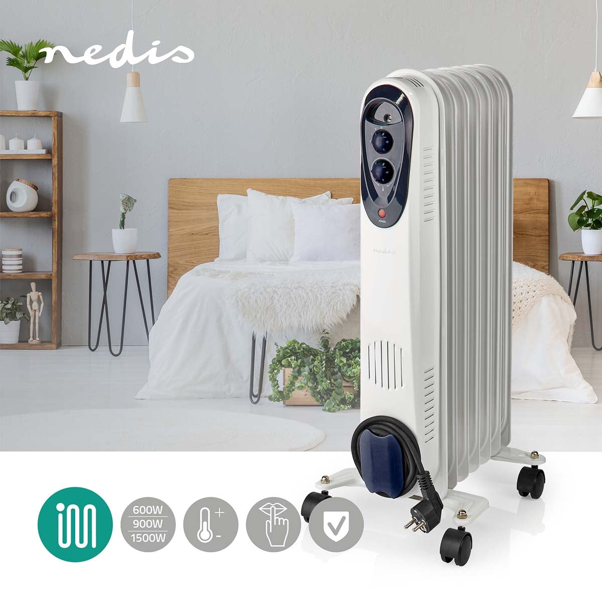 Mobile Oil Radiator | 600 / 900 / 1500 W | 7 Fins | Adjustable thermostat | 3 Heat Settings | Fall over protection | White