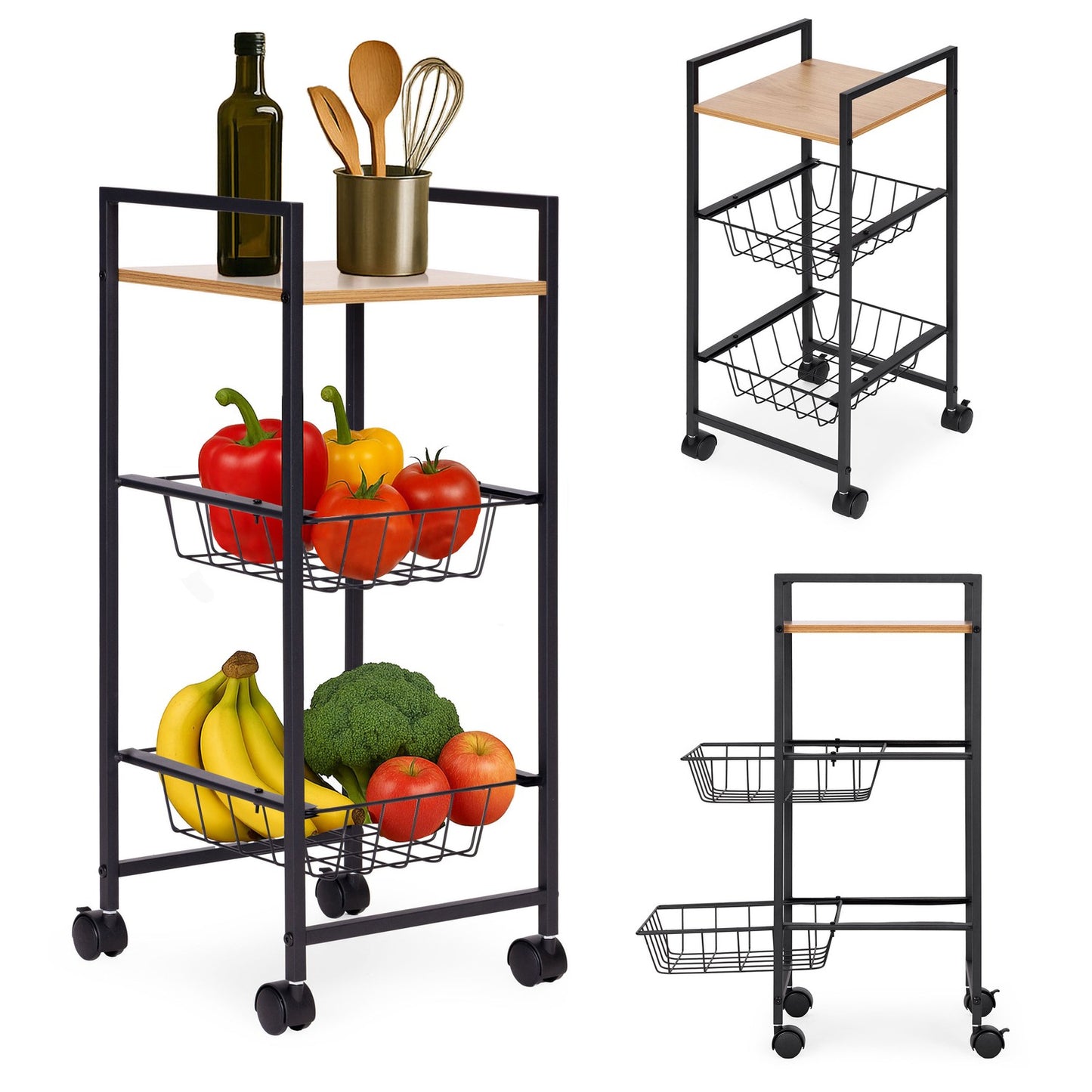 Mobile Shelf Cabinet with 2 Baskets and Shelf Organizer on Wheels ModernHome