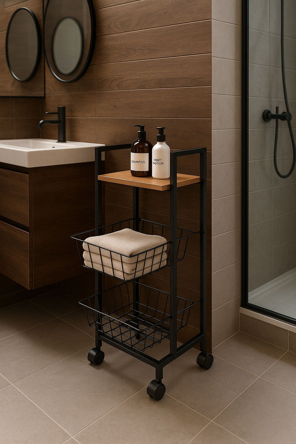 Mobile Shelf Cabinet with 2 Baskets and Shelf Organizer on Wheels ModernHome