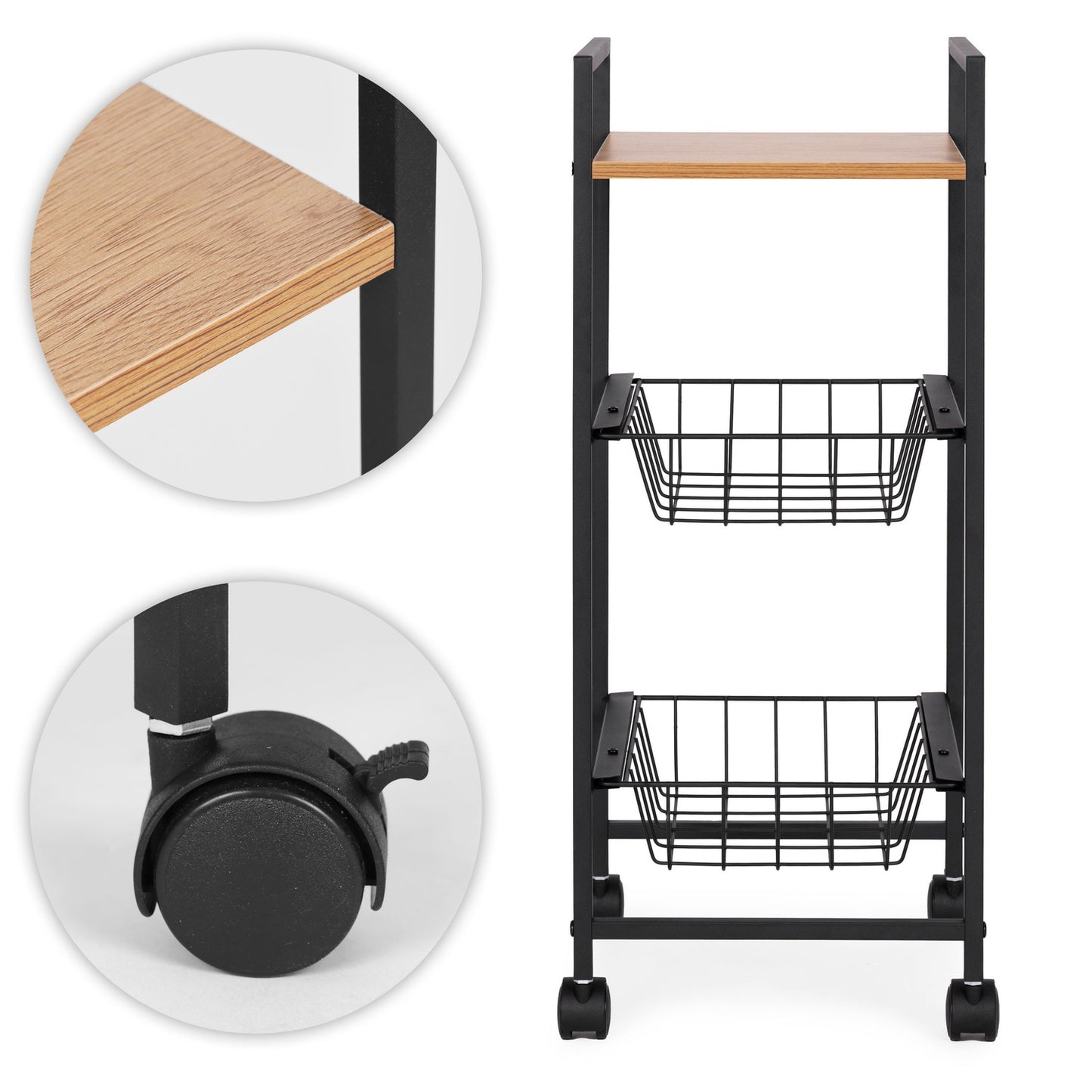 Mobile Shelf Cabinet with 2 Baskets and Shelf Organizer on Wheels ModernHome