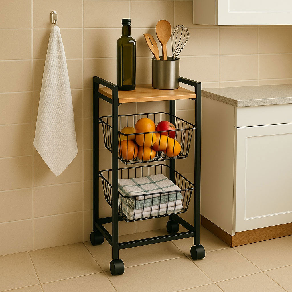 Mobile Shelf Cabinet with 2 Baskets and Shelf Organizer on Wheels ModernHome