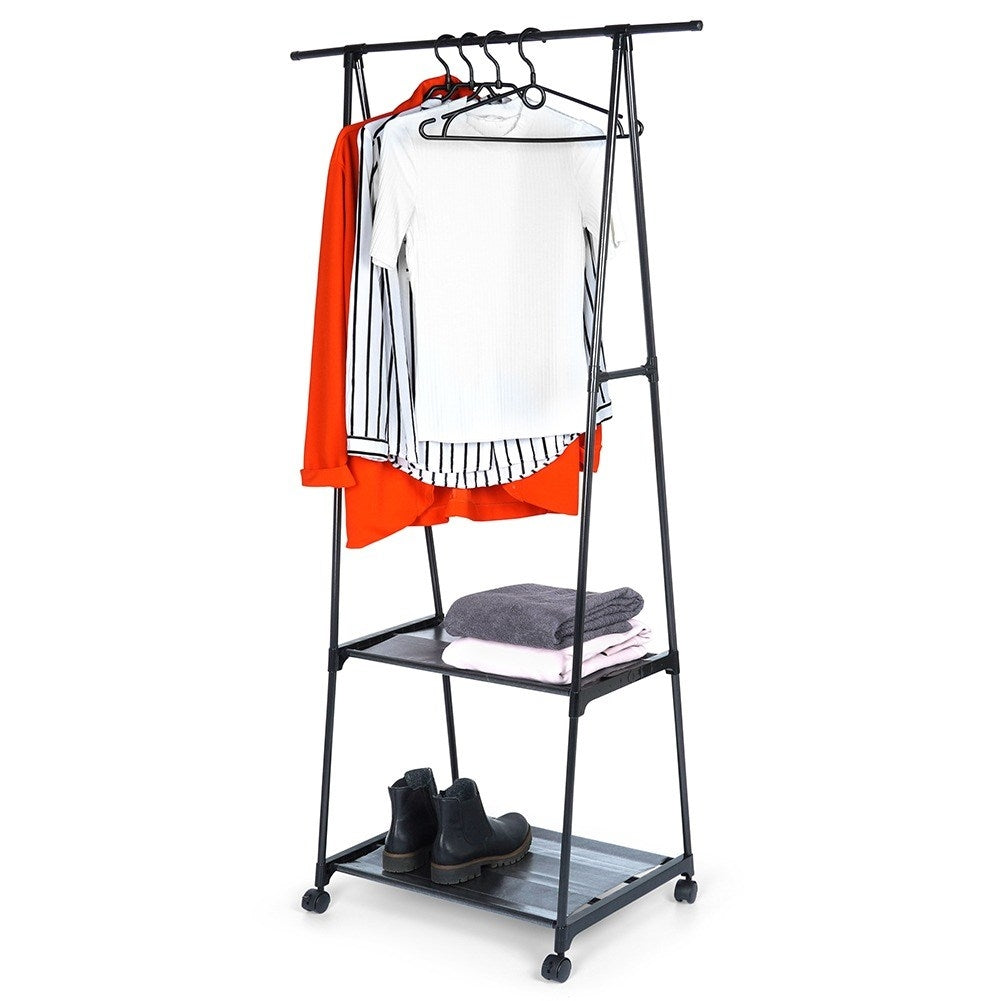 Mobile clothes hanger with shoe shelf and wheels for home and office