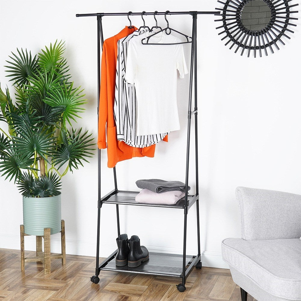 Mobile clothes hanger with shoe shelf and wheels for home and office