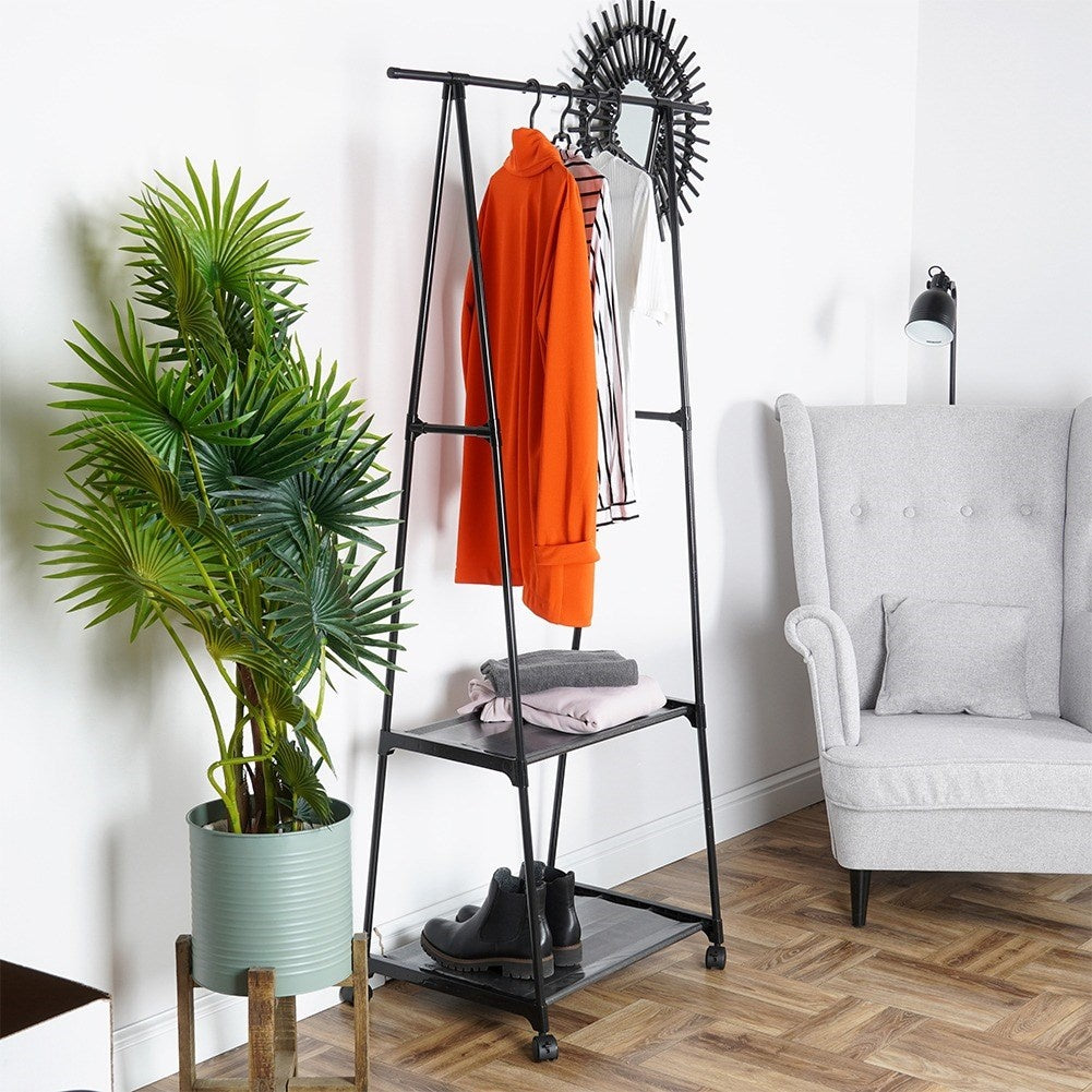 Mobile clothes hanger with shoe shelf and wheels for home and office