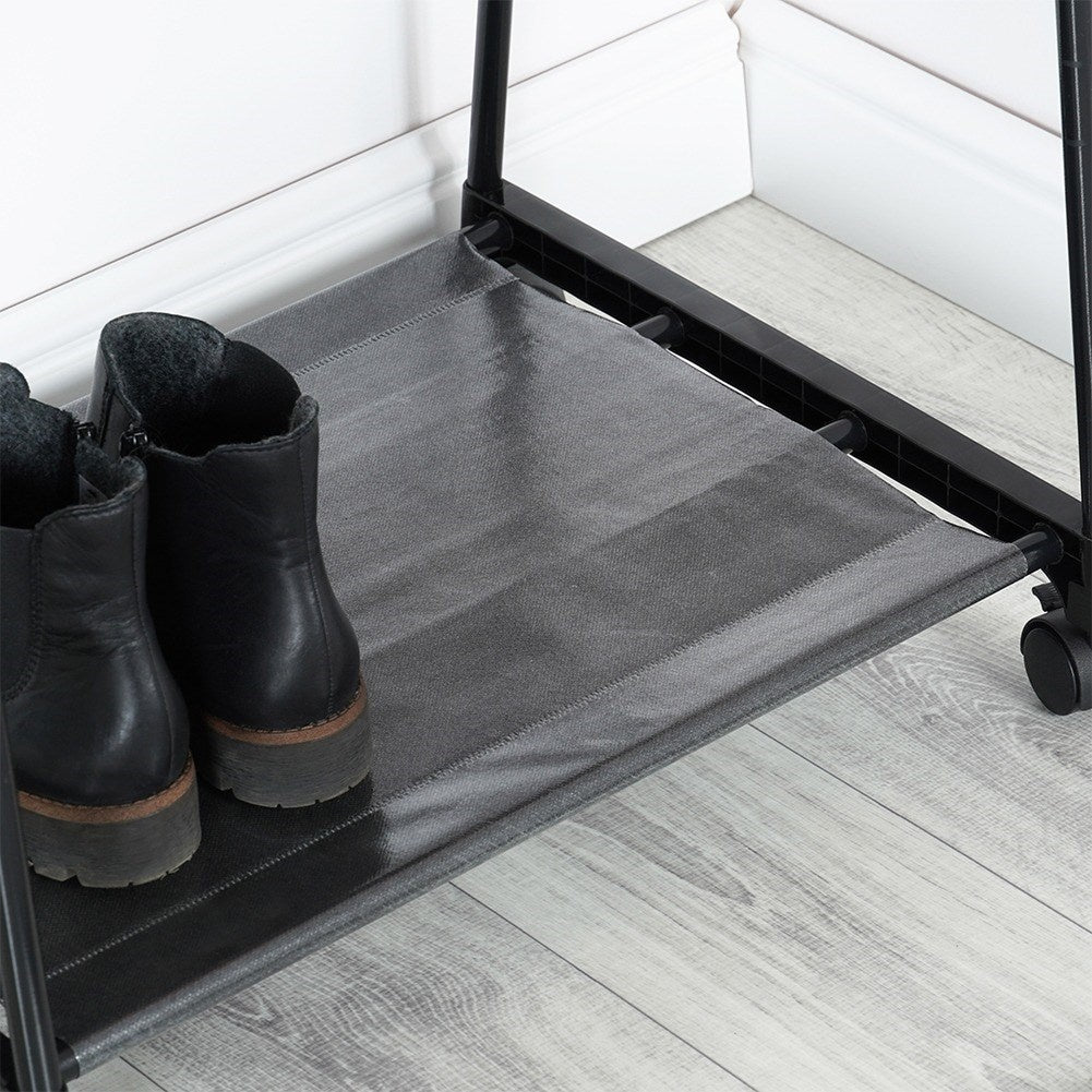 Mobile clothes hanger with shoe shelf and wheels for home and office