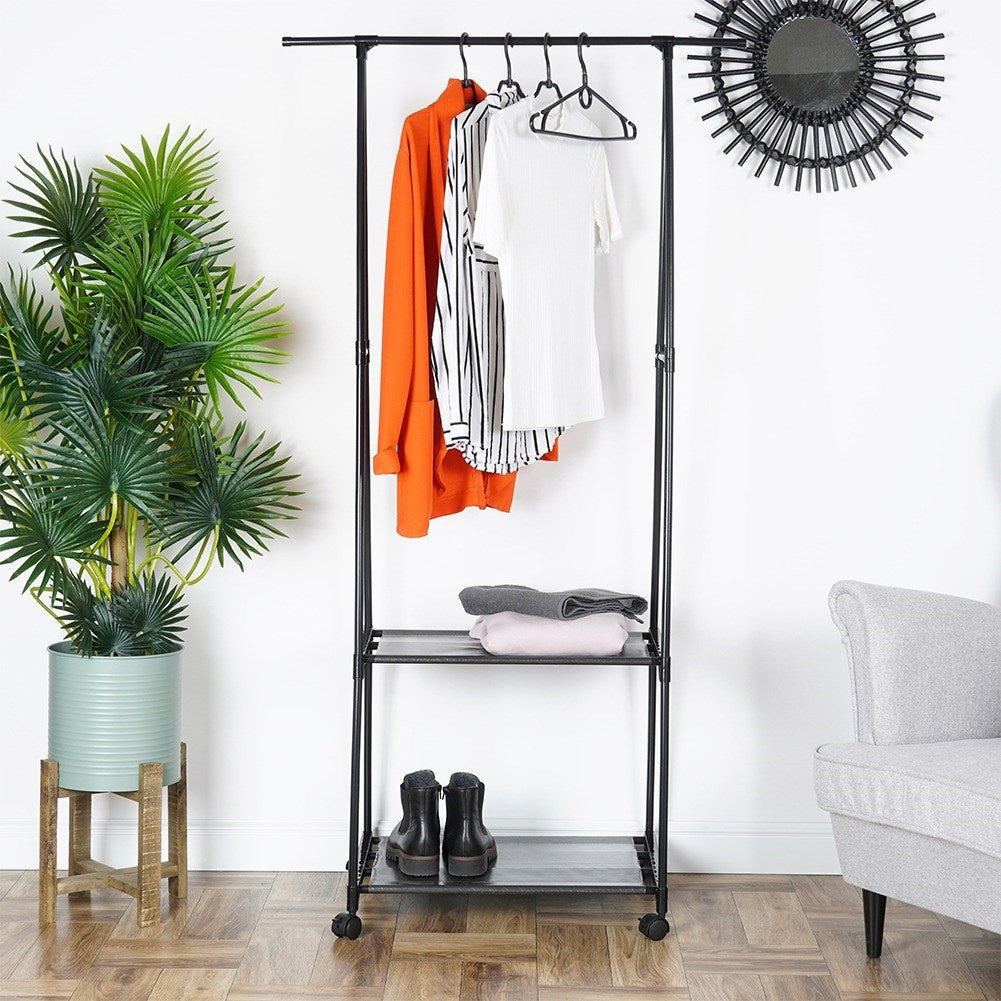 Mobile clothes hanger with shoe shelf and wheels for home and office
