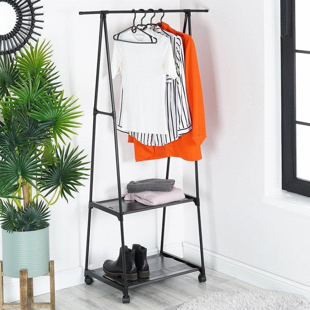 Mobile clothes hanger with shoe shelf and wheels for home and office
