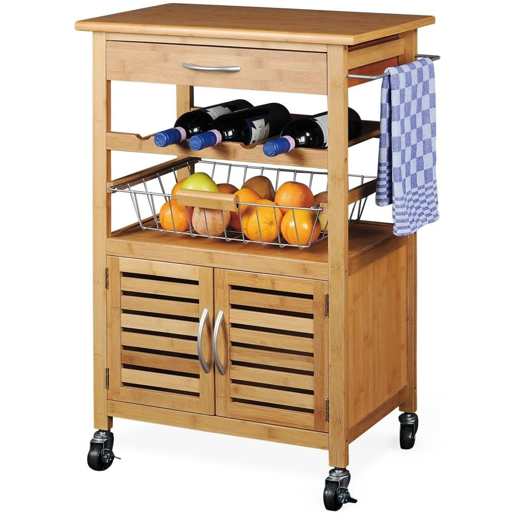 Mobile kitchen trolley in bamboo with work surface, wine rack and cabinet