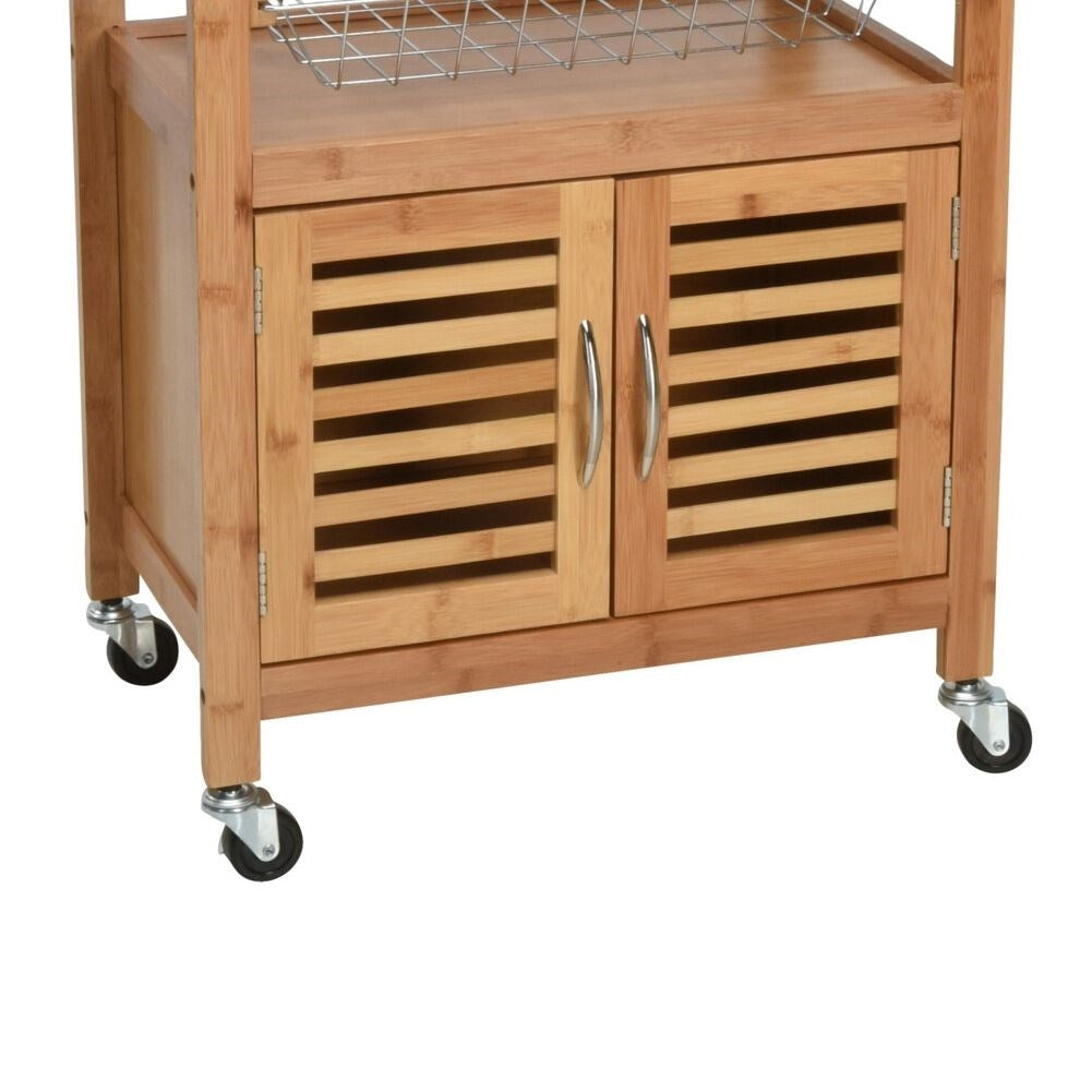Mobile kitchen trolley in bamboo with work surface, wine rack and cabinet