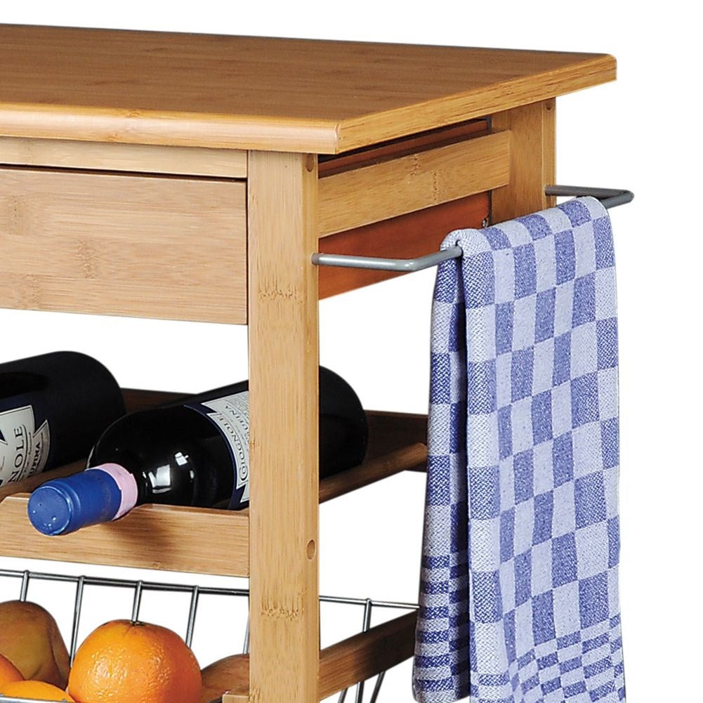Mobile kitchen trolley in bamboo with work surface, wine rack and cabinet