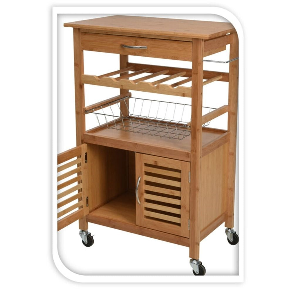 Mobile kitchen trolley in bamboo with work surface, wine rack and cabinet
