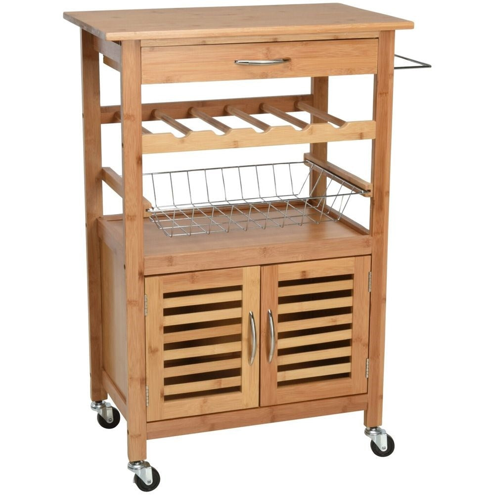 Mobile kitchen trolley in bamboo with work surface, wine rack and cabinet