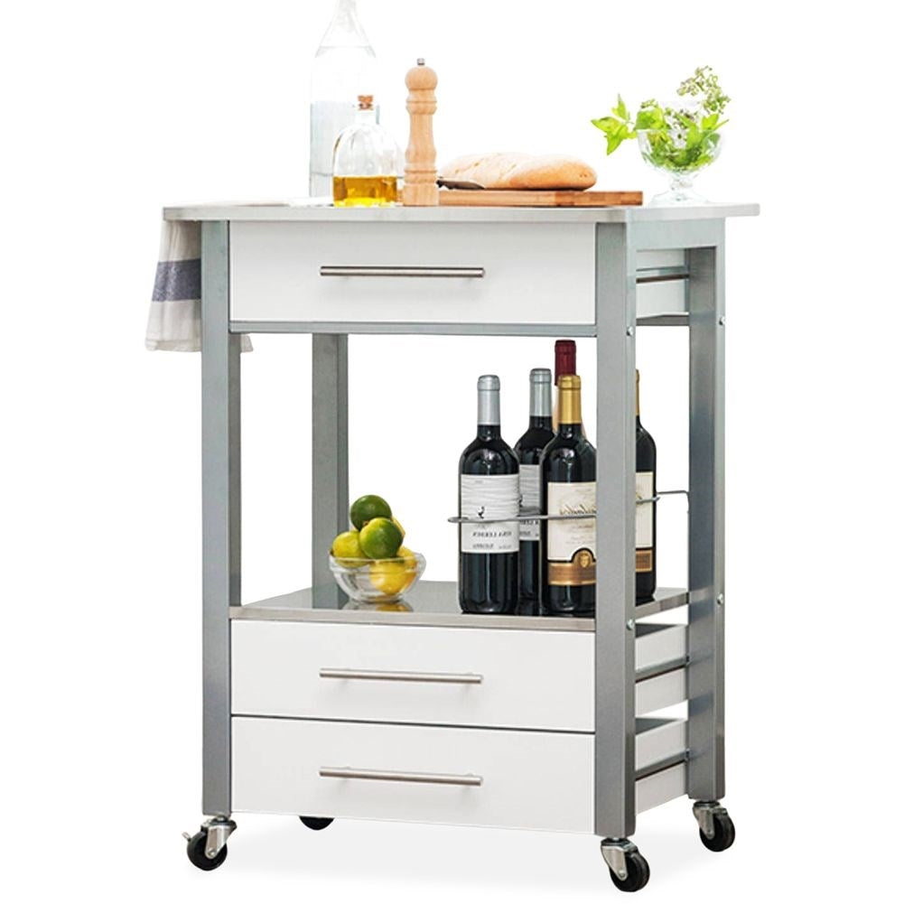 Mobile kitchen trolley with metal bench, drawers, shelf and bottle holder