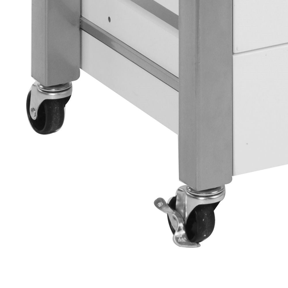 Mobile kitchen trolley with metal bench, drawers, shelf and bottle holder