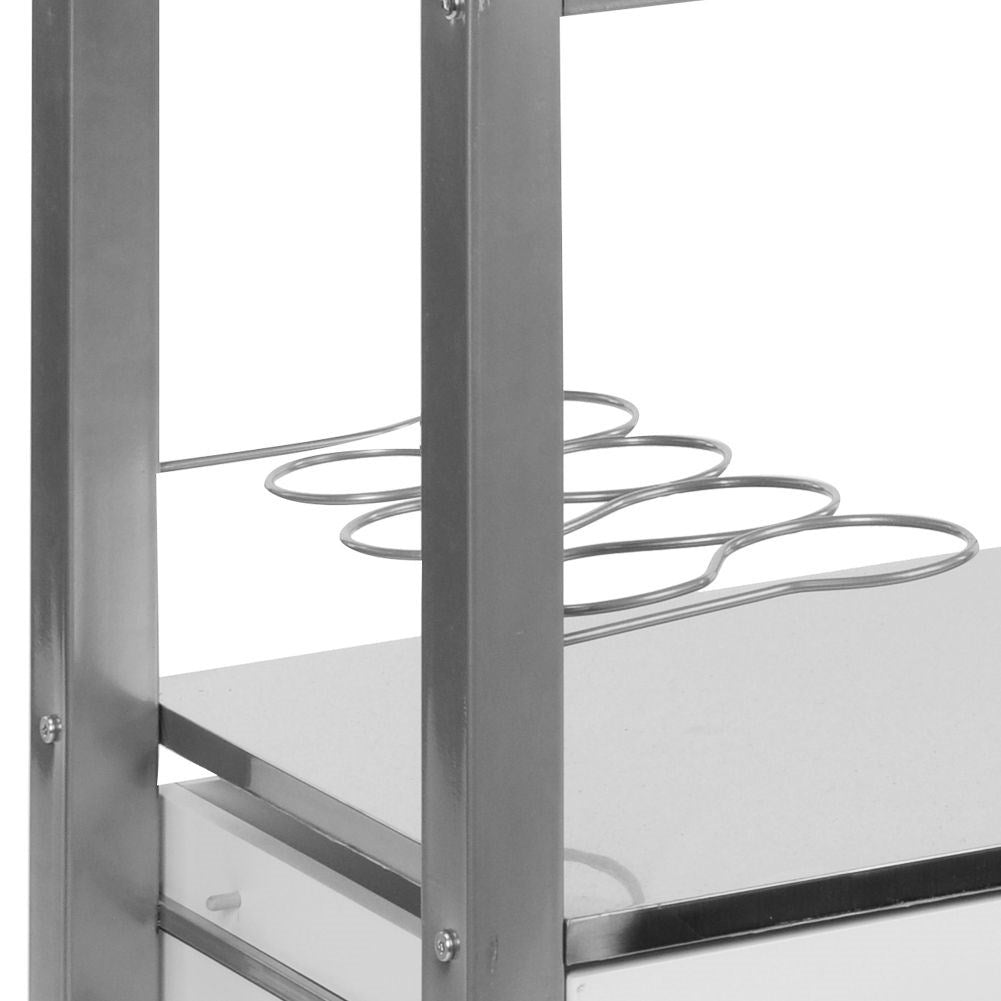 Mobile kitchen trolley with metal bench, drawers, shelf and bottle holder
