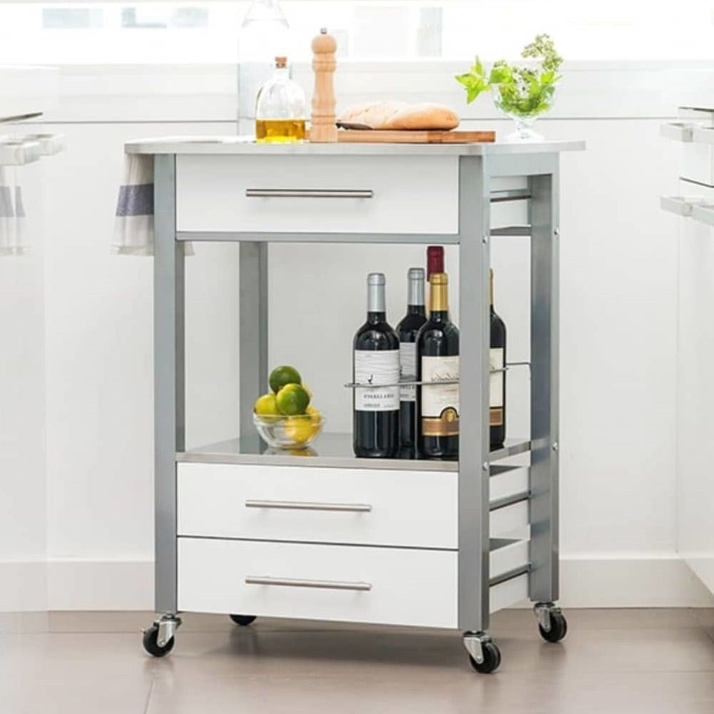Mobile kitchen trolley with metal bench, drawers, shelf and bottle holder
