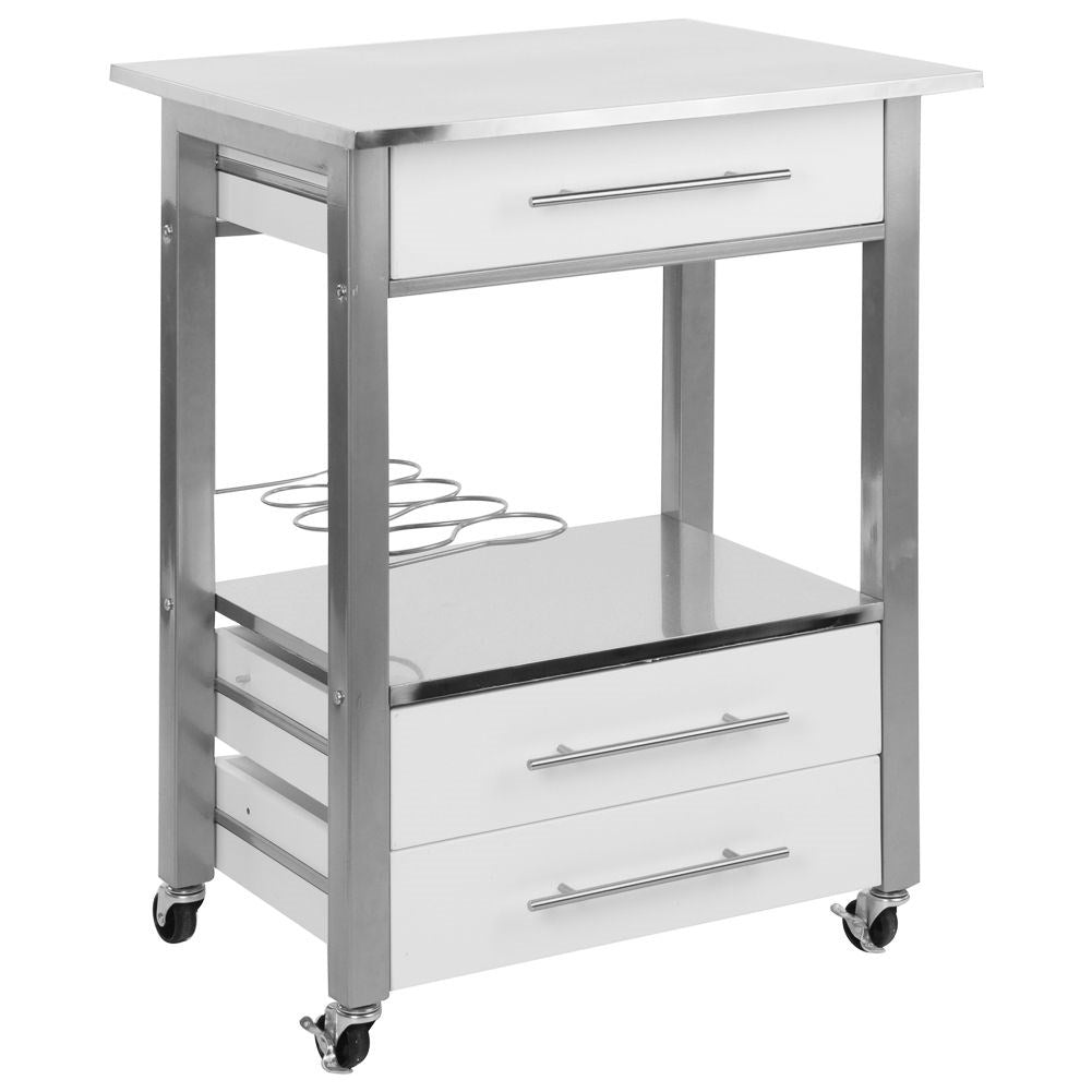 Mobile kitchen trolley with metal bench, drawers, shelf and bottle holder