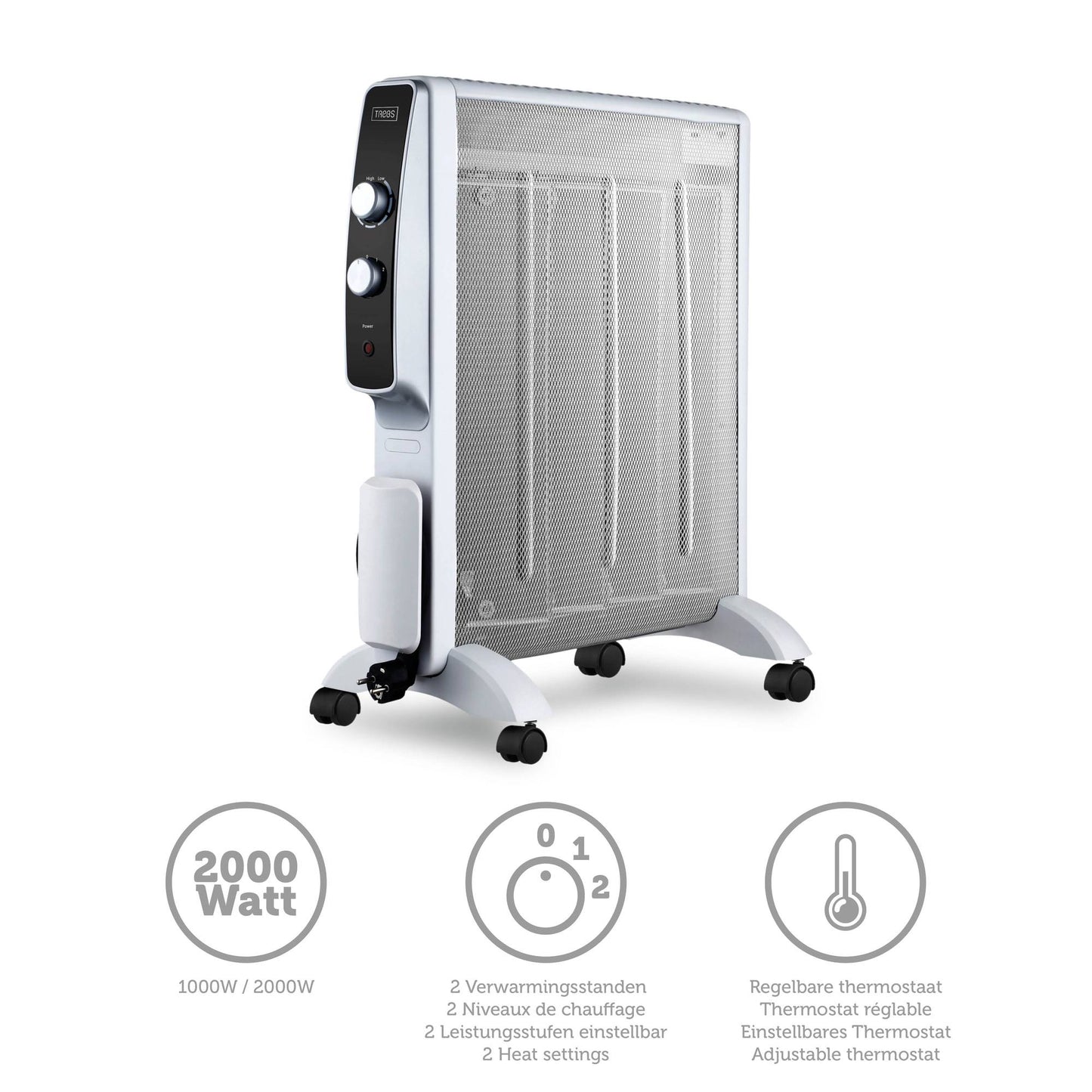 Mobile micathermic electric heater on wheels 2000W White