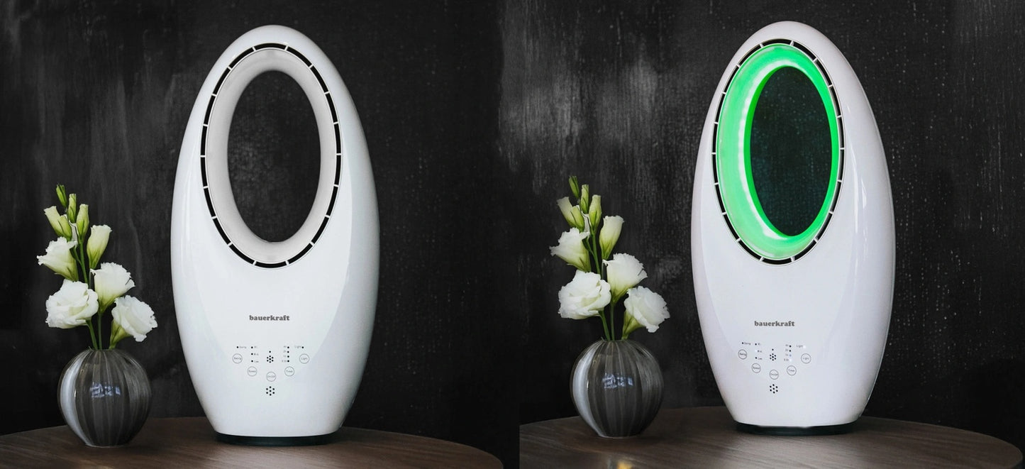 Modern Bladeless Standing Floor Fan 60W – 3 Modes, Remote Control, Timer, LED Lighting