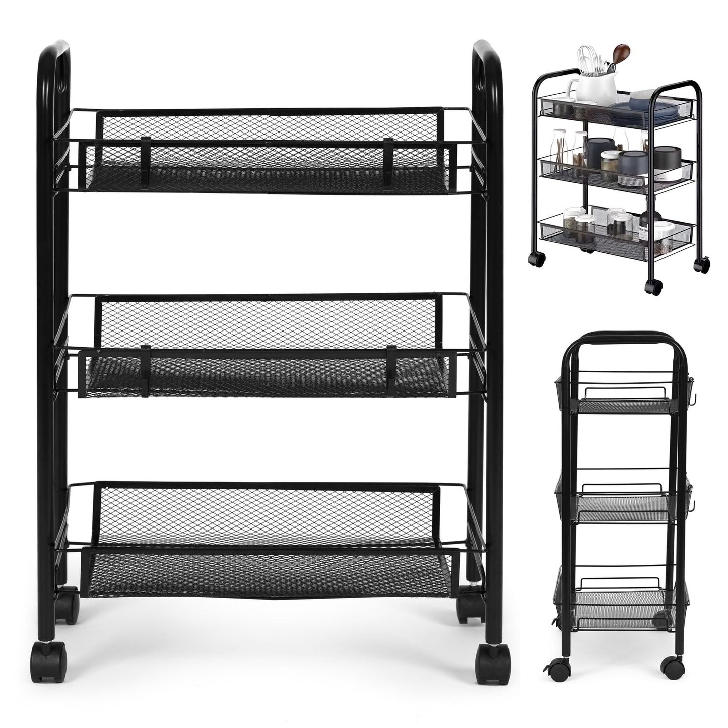 ModernHome Black Metal Mobile Bathroom Shelf with 3 Shelves and Wheels