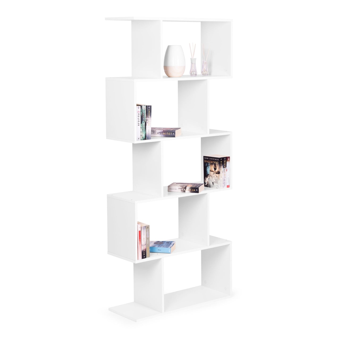 Modern checkered shelf for the living room with 5 shelves for white books