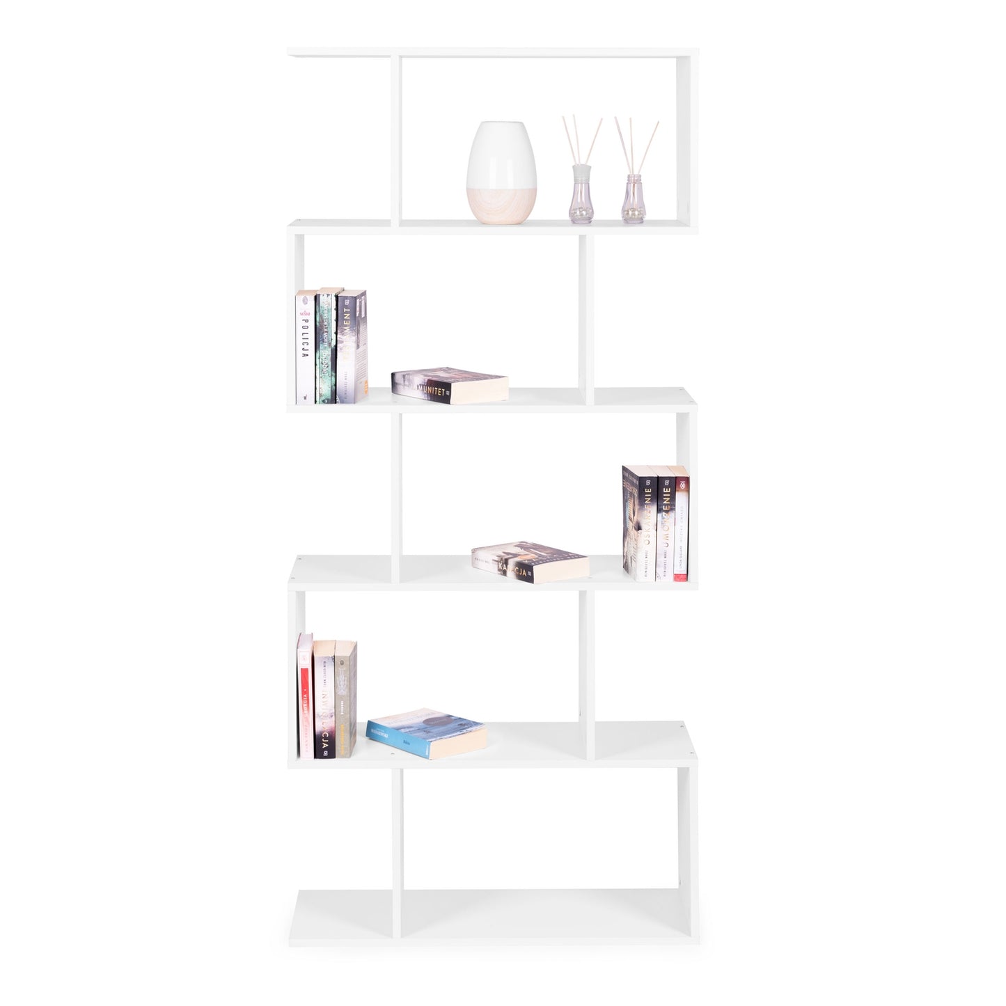 Modern checkered shelf for the living room with 5 shelves for white books