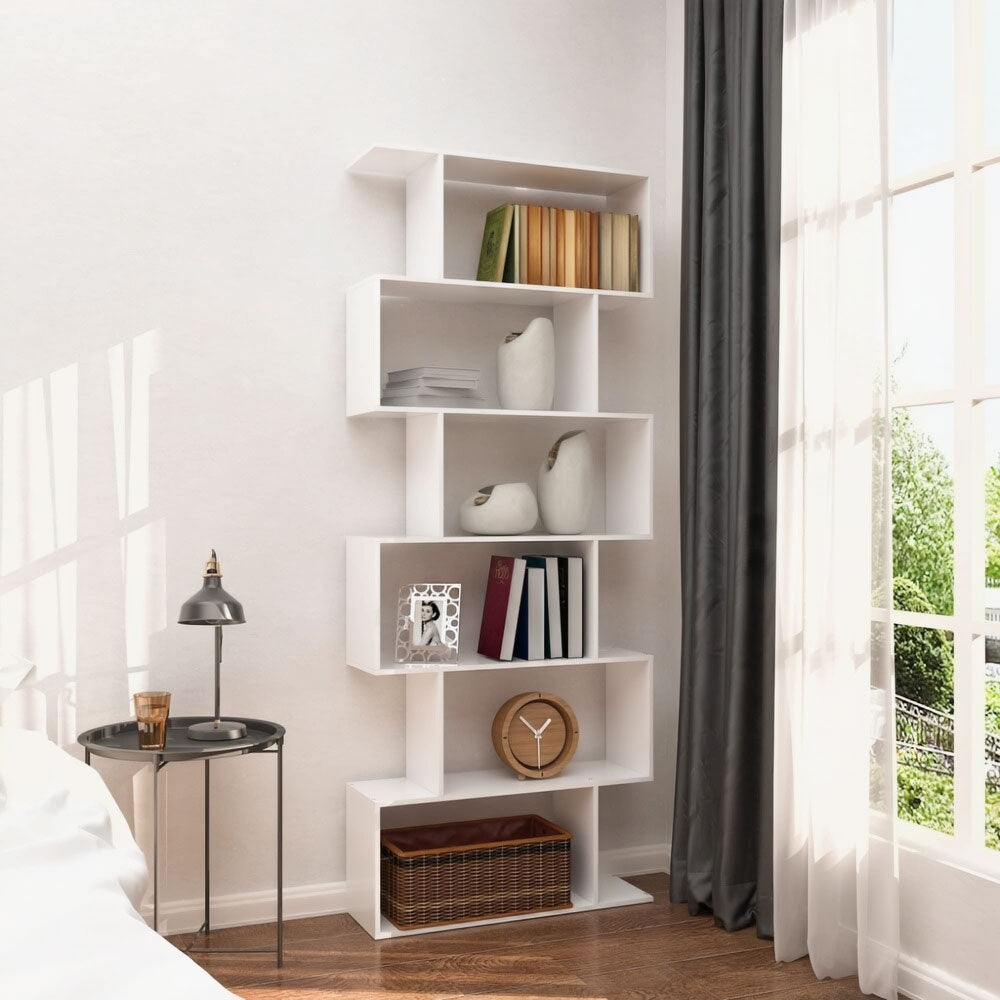 Modern checkered shelf for the living room with 5 shelves for white books