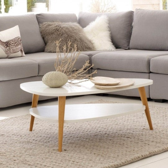 Modern coffee table, shelf, wooden legs, ModernHome white
