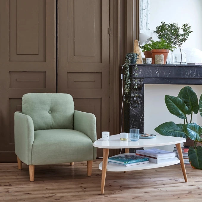 Modern coffee table, shelf, wooden legs, ModernHome white