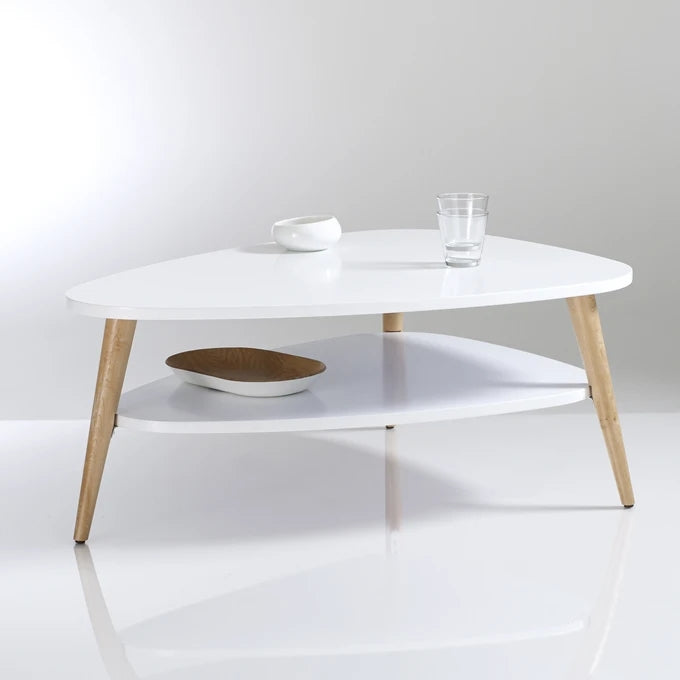Modern coffee table, shelf, wooden legs, ModernHome white
