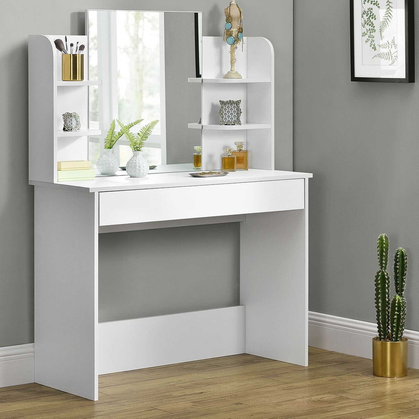 Modern dressing table large mirror shelves ModernHome