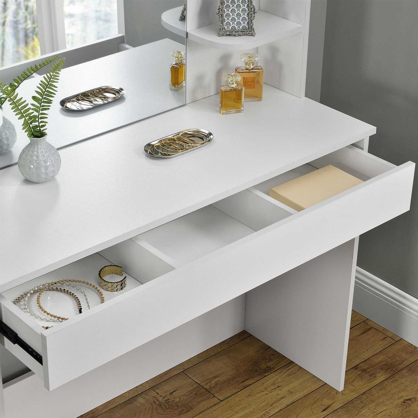 Modern dressing table large mirror shelves ModernHome