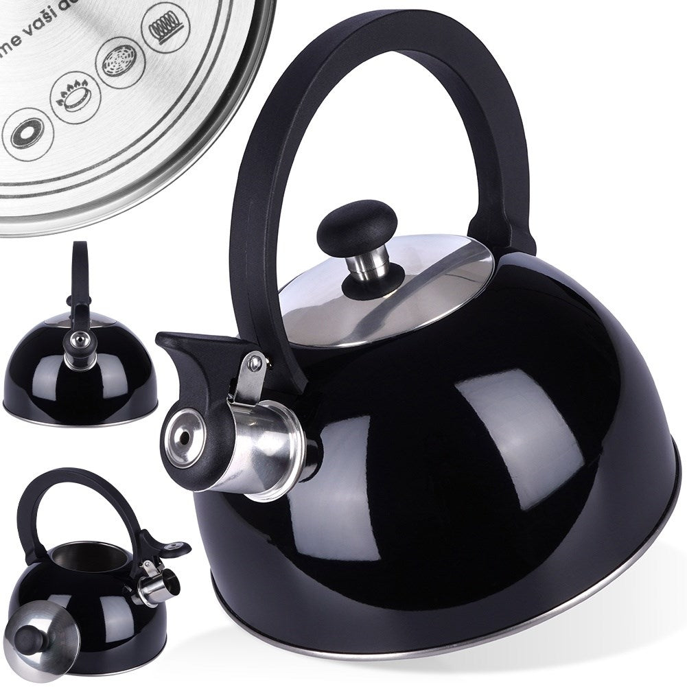 Modern kettle with tiltable whistle in stainless steel