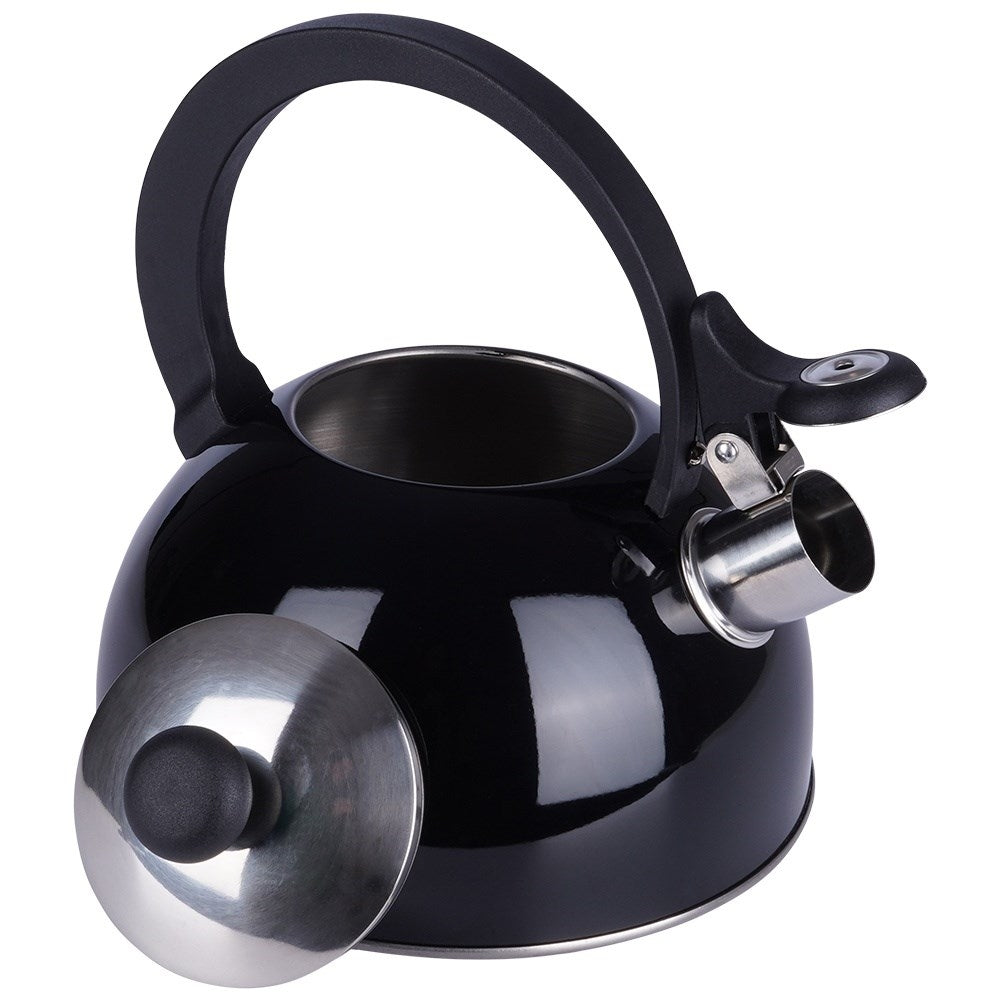 Modern kettle with tiltable whistle in stainless steel