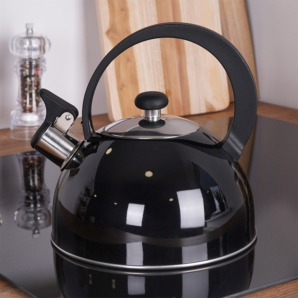 Modern kettle with tiltable whistle in stainless steel