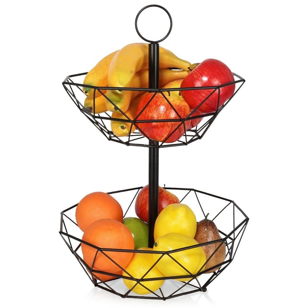 Modern two-level fruit basket in black metal for kitchen