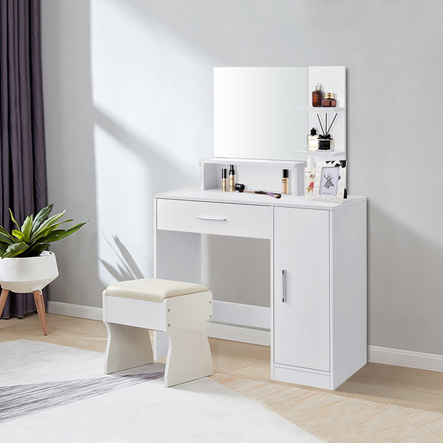 Modern white cosmetic dressing table with a mirror
