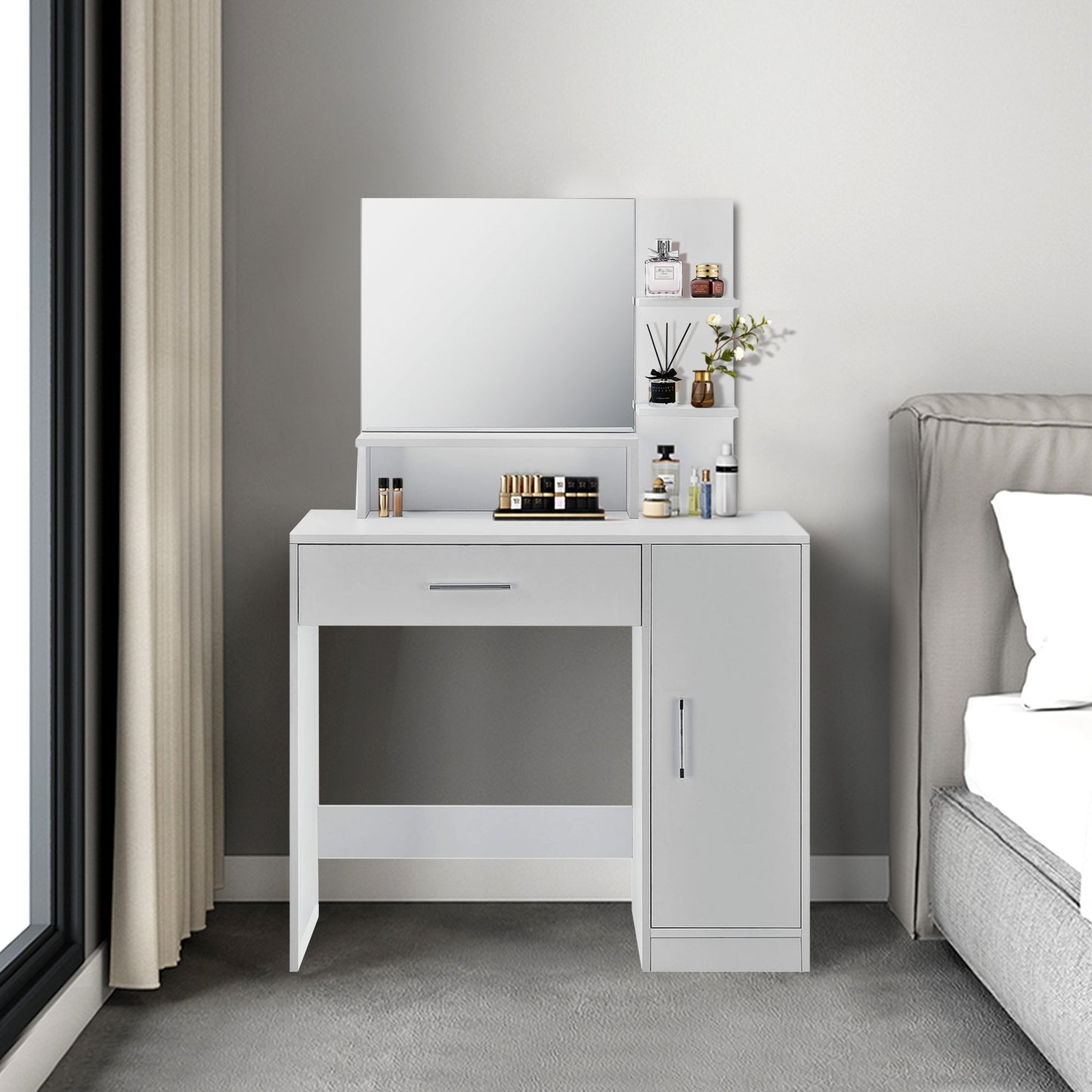 Modern white cosmetic dressing table with a mirror