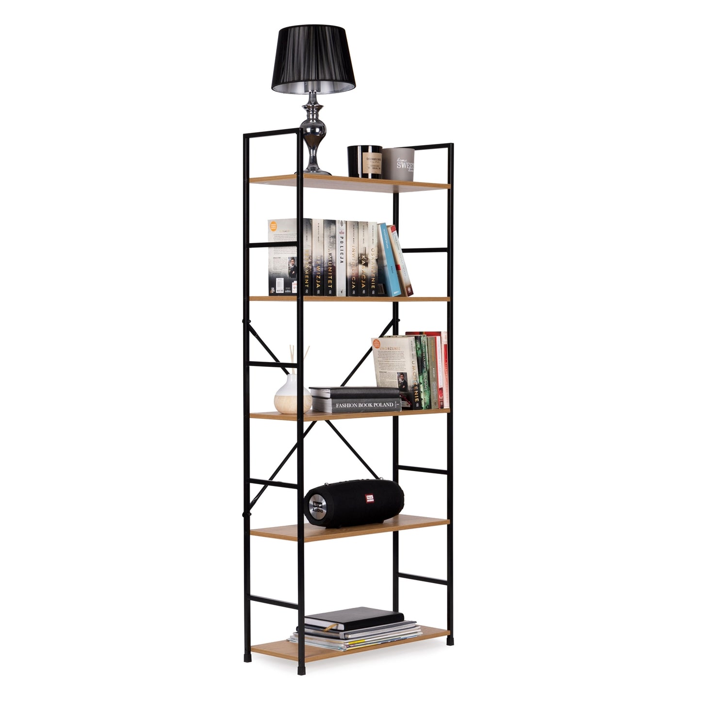 Modern wide wooden bookcase LOFT 5 shelves