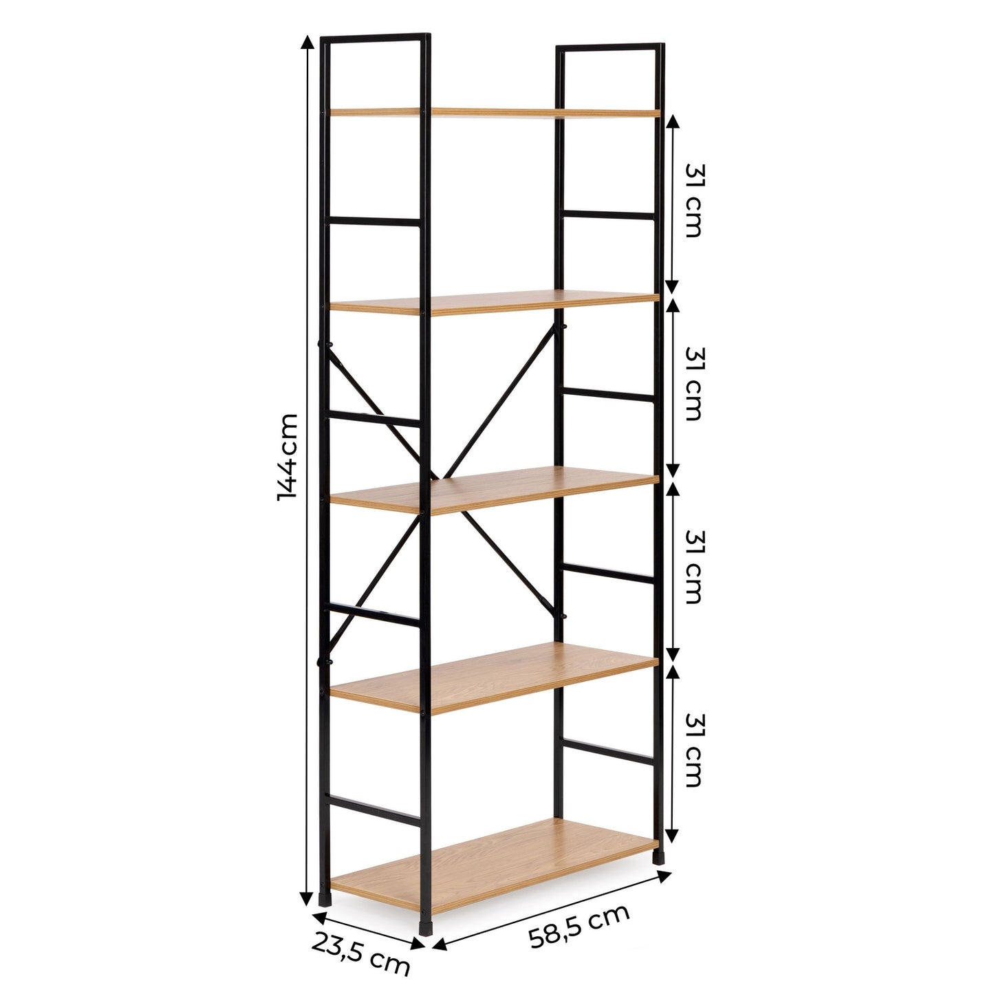 Modern wide wooden bookcase LOFT 5 shelves