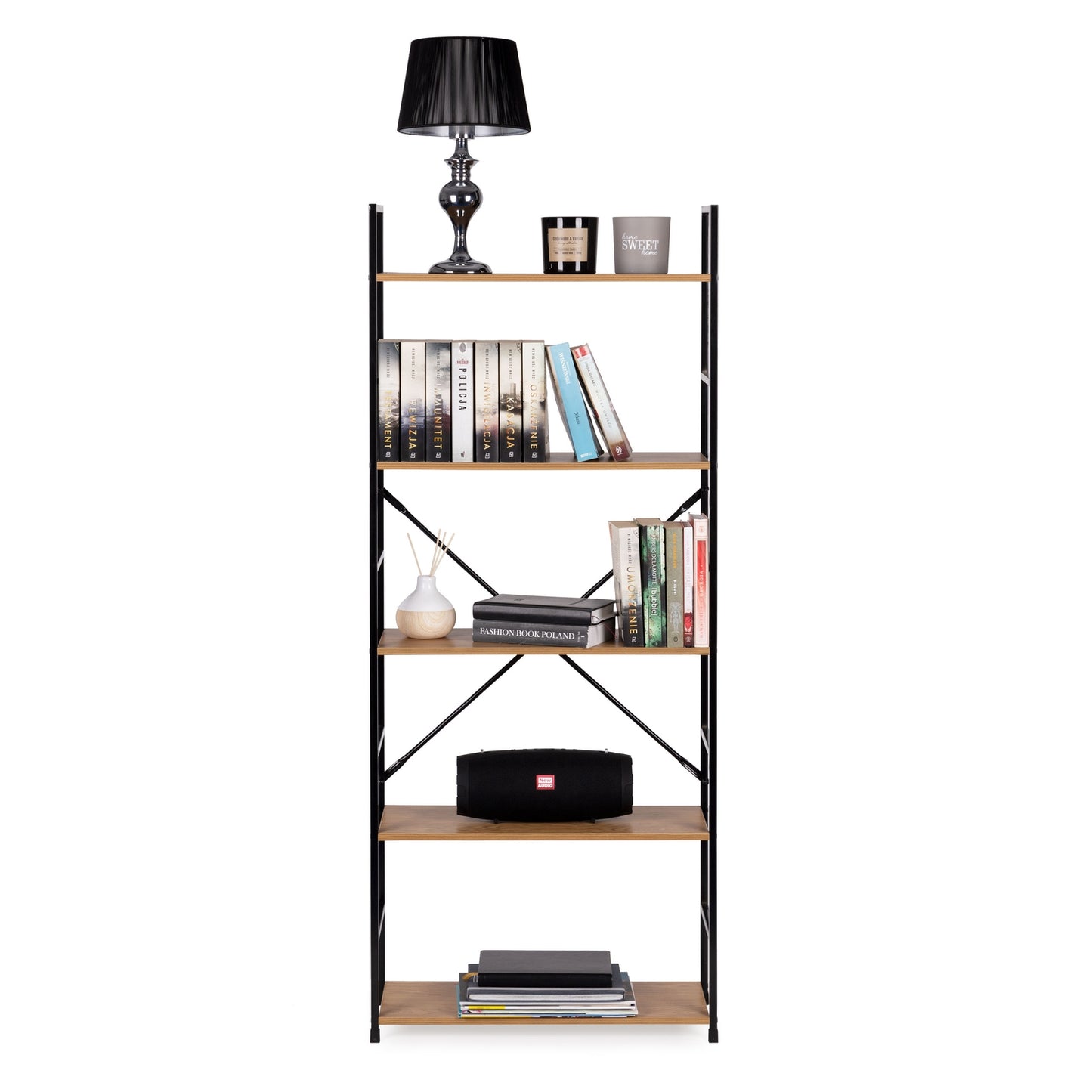 Modern wide wooden bookcase LOFT 5 shelves