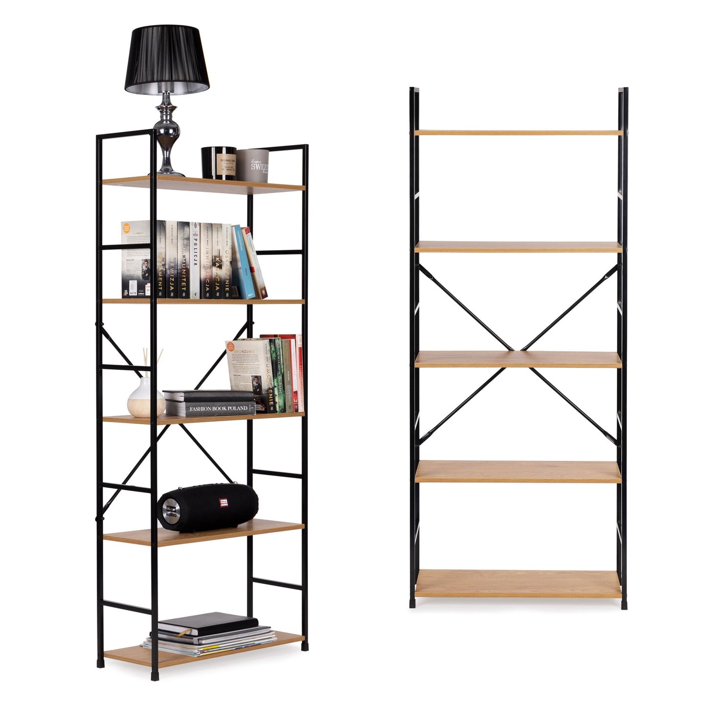 Modern wide wooden bookcase LOFT 5 shelves