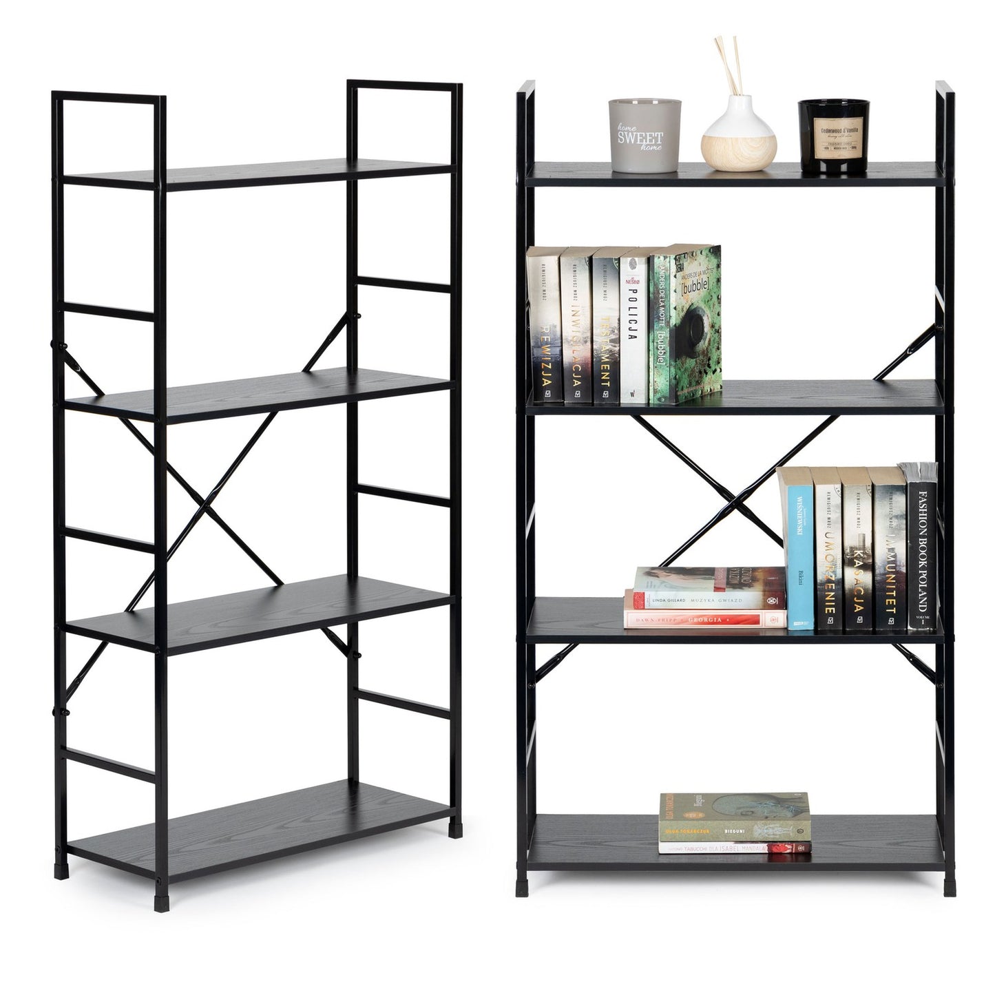 Modern wide wooden shelf with 4 shelves LOFT black