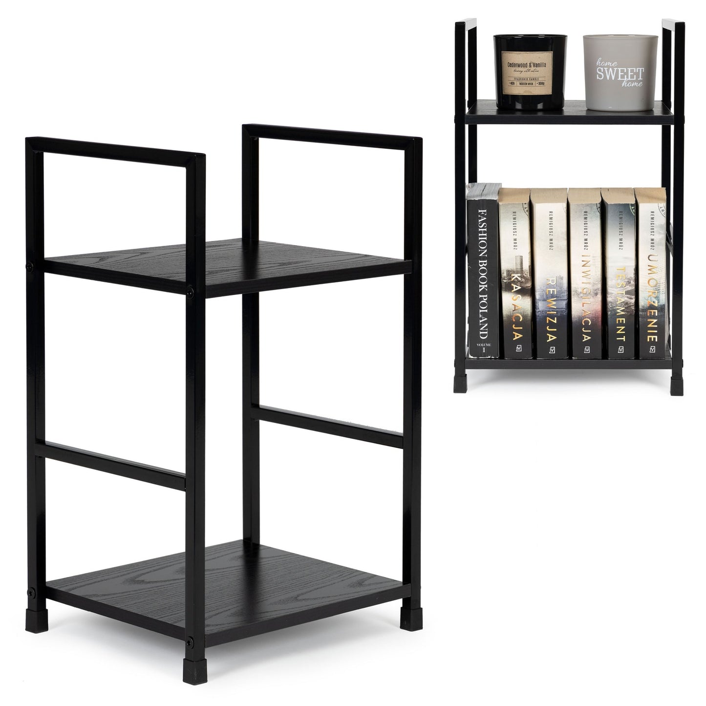 Modern wooden bookcase, nightstand with 2 shelves, LOFT black